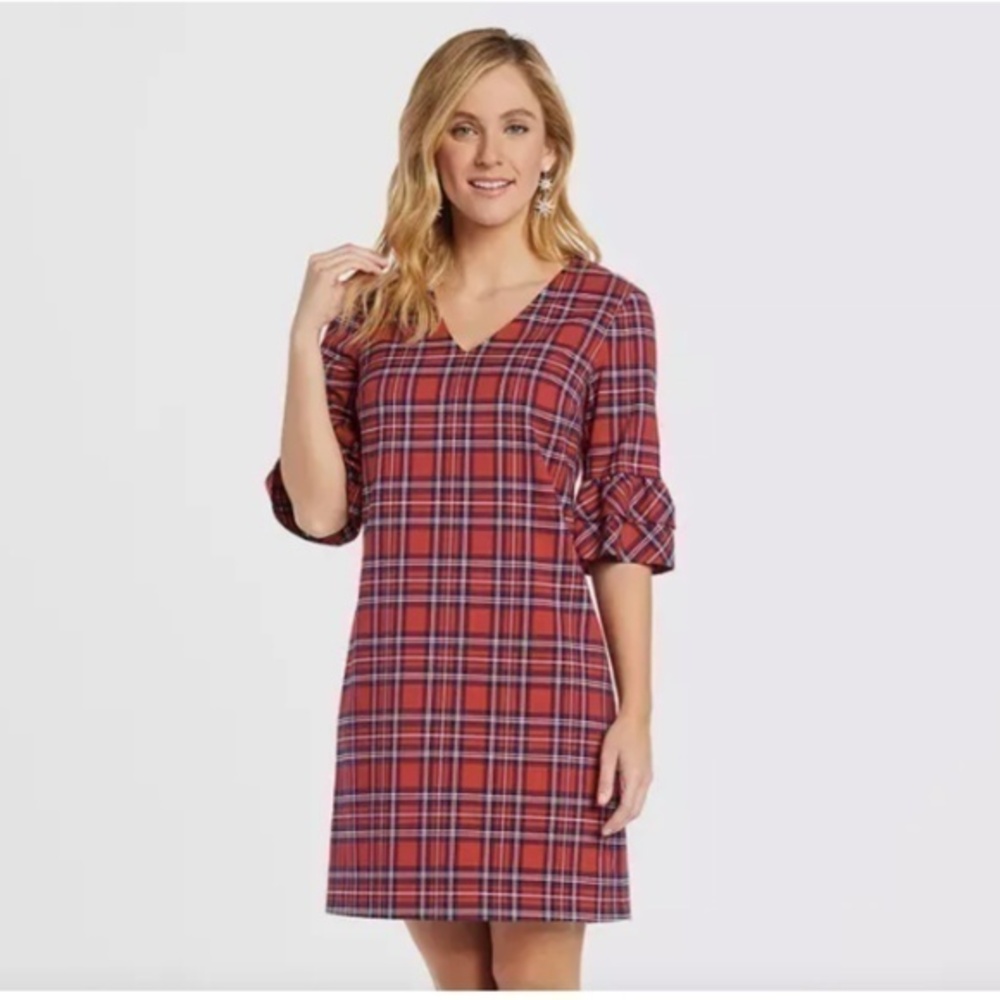 Draper James Red Plaid Ruffle Flared Sleeve Shift Dress 2